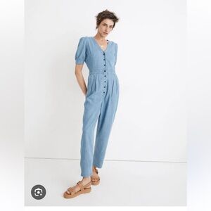 Madewell Denim Puff-Sleeve Button-Front Jumpsuit